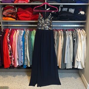 Lush navy v neck sleeveless back cut out/ zipper gold sequin  maxi dress size S